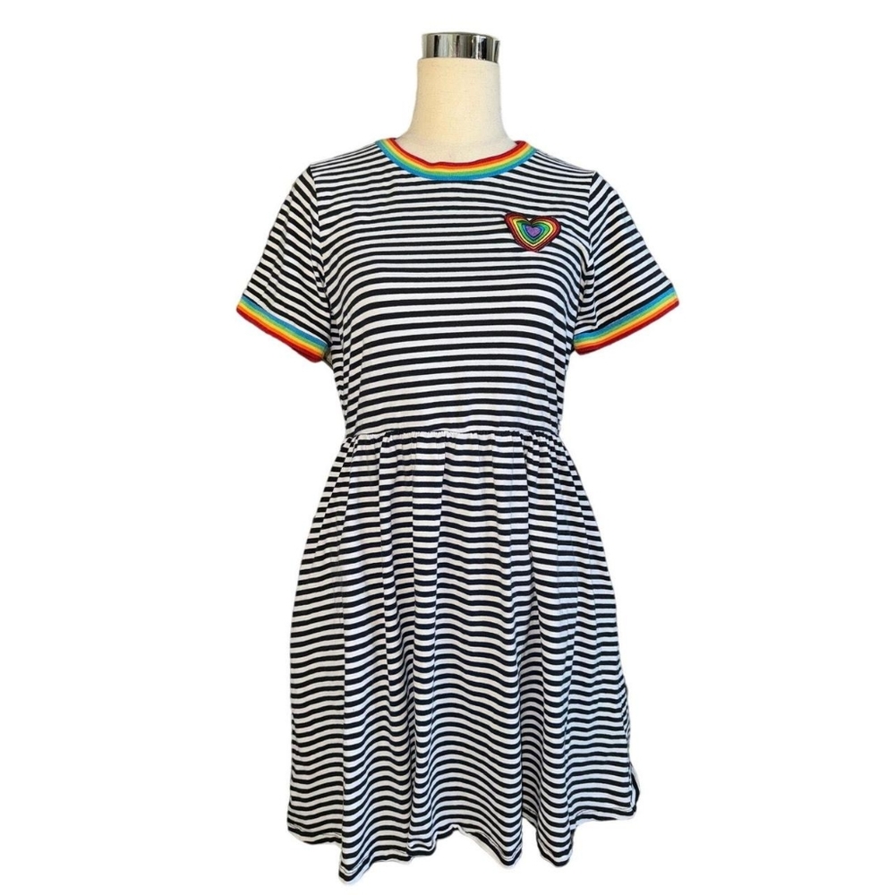 Hot Topic Rainbow Trim Striped Skater Dress – Size Small 🌈🖤